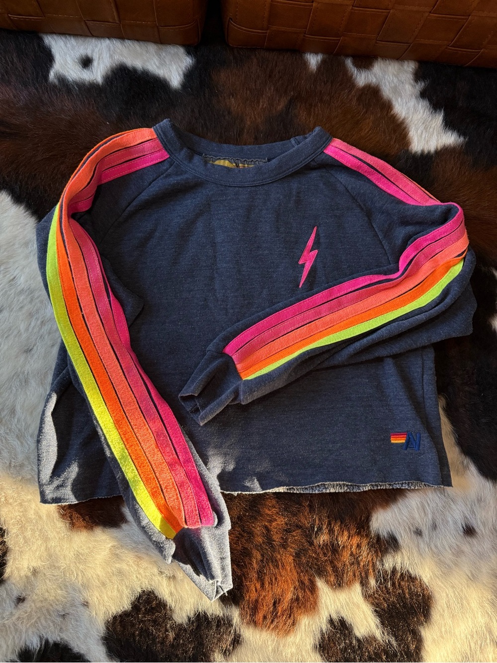 Aviator Nation  Navy Sweatshirt with Pink Lightning & Rainbow Stripes